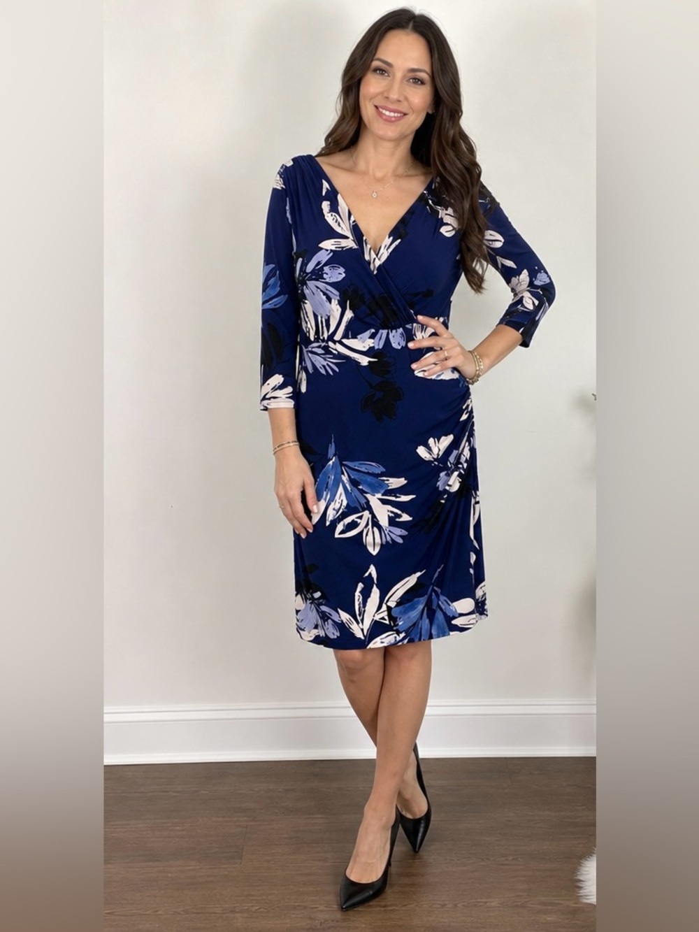 Lauren Ralph Lauren Floral Faux Wrap Jersey Dress Size 16 Blue Ruched 3/4 Sleeve